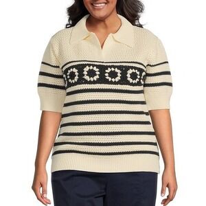 Skies Are Blue Plus Pointelle Collared Short Sleeve Sweater Crochet Sz 3X